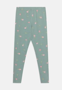 Leggings verdi realizzati in materiale morbido, con un motivo floreale di fiori rosa e foglie verde chiaro, vita elasticizzata, vestibilità aderente.