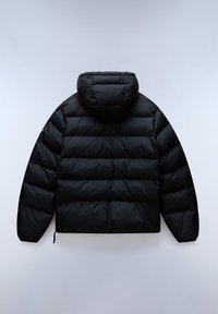 Giacca a vento nera con cappuccio, caratterizzata da sezioni trapuntate, polsini elasticizzati e zip all'orlo. Materiale morbido e resistente all'acqua.