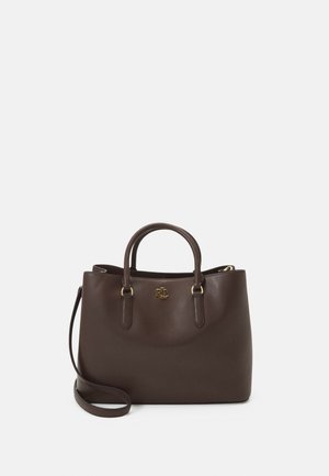 Dunkelbraune Lederhandtasche mit doppelten Griffen, abnehmbarem Schulterriemen und goldenem RL-Logo auf der Vorderseite.