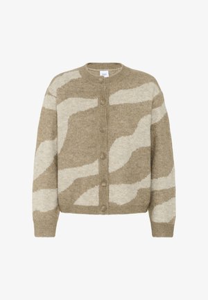 Bežani vuneni kardigan s kremastim apstraktnim uzorkom, okrugli izrez, prednje zakopčavanje na dugmad, te rebrastim manžetama i donjim rubom. Mekana tekstura i opušteni fit.