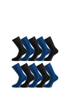 Dix paires de chaussettes longueur chevilles en alternance noir et bleu, disposées en deux rangées sur fond blanc.