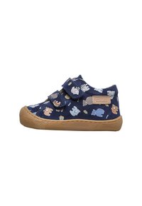Scarpe da ginnastica in tela blu con motivi animali, dotate di due cinturini in velcro e suola in gomma beige. Presentano una suola testurizzata per una migliore aderenza.