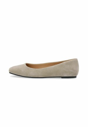 Beige suede ballet flat with a pointed toe, low heel, and soft texture. Interior features a smooth lining and minimal stitching details.