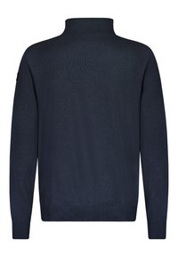 Marineblauer Pullover mit hohem Kragen, aus glatter Strickware gefertigt. Hat lange Ärmel und gerippte Bündchen sowie Saum. Keine sichtbaren Logos oder Muster.
