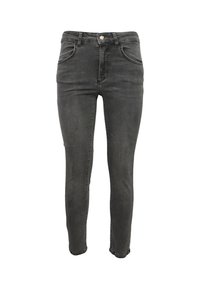 Jeans skinny grigio scuro realizzati in denim, con chiusura frontale a bottoni, passanti per cintura e cinque tasche. Texture liscia con lieve scolorimento.