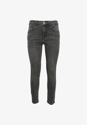 Jeans skinny grigio scuro realizzati in denim, con chiusura frontale a bottoni, passanti per cintura e cinque tasche. Texture liscia con lieve scolorimento.