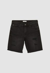 Shorts in denim nero con vestibilità rilassata, caratterizzati da dettagli consumati sul davanti, orli arrotolati e design classico a cinque tasche.