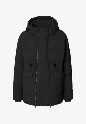 Zwarte gewatteerde winterjas met capuchon, twee voorzakken met klep, dubbele verticale ritsen en verstelbare taillekoord.