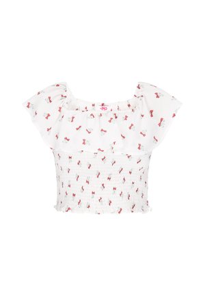 Bluză scurtă albă cu mâneci scurte și smocuri, cu decolteu cu volane, fundiță roșie și model floral cu frunze verzi.