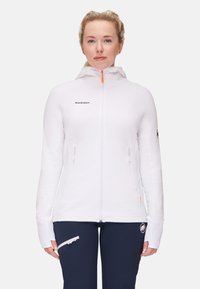 White, lightweight, hooded jacket with a textured design, featuring two zippered side pockets and contrasting orange zipper pull.