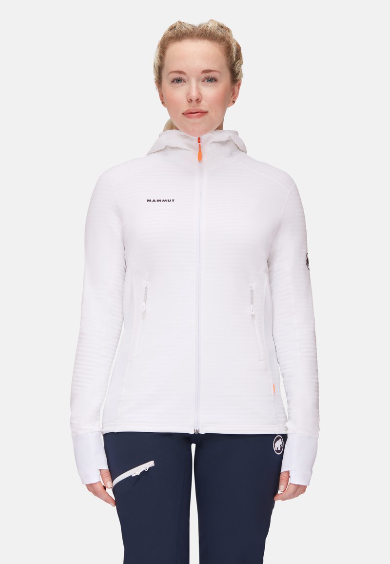 White, lightweight, hooded jacket with a textured design, featuring two zippered side pockets and contrasting orange zipper pull.