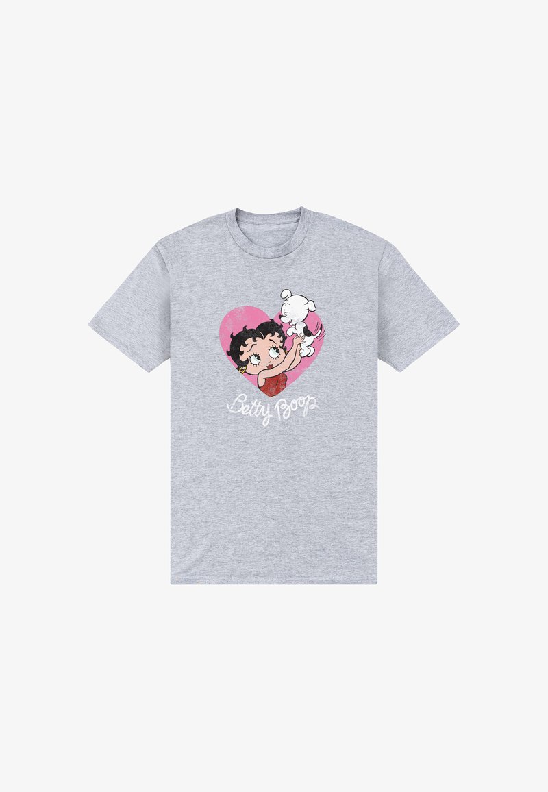 Light gray t-shirt with a graphic of Betty Boop holding a white dog inside a pink heart, with "Betty Boop" text below.