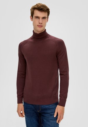 Burgundowy sweter z golfem, wykonany z gładkiej dzianiny, z prążkowanymi mankietami i dołem, dopasowany krój, z rękawami raglanowymi.
