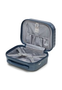 Valigia rigida blu con chiusura a zip, rivestimento interno grigio, tasche in rete e cinghie regolabili per l'organizzazione.
