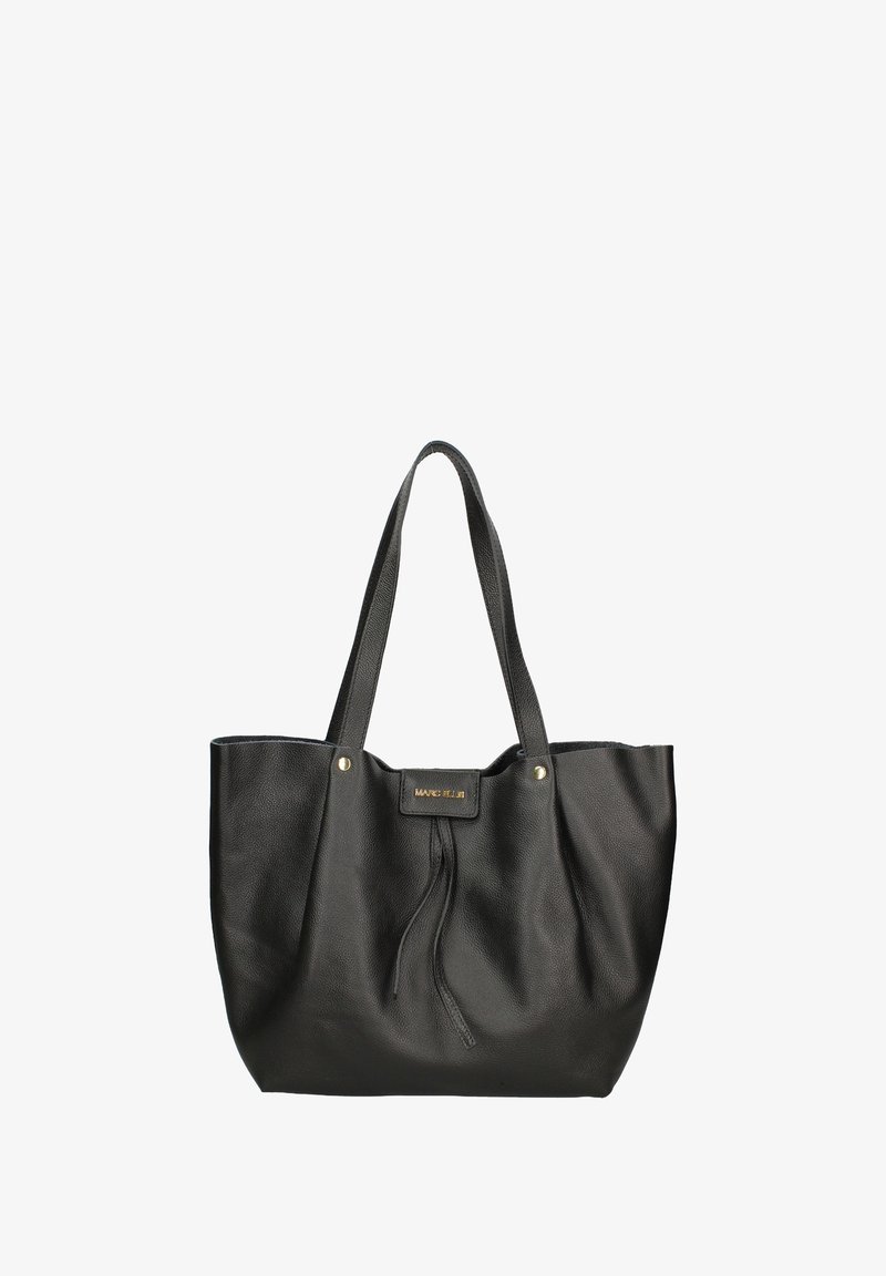 Zwarte leren tote bag met twee schouderbanden, een gestructureerd oppervlak en een gouden hardware accent met een merketiket aan de voorkant.