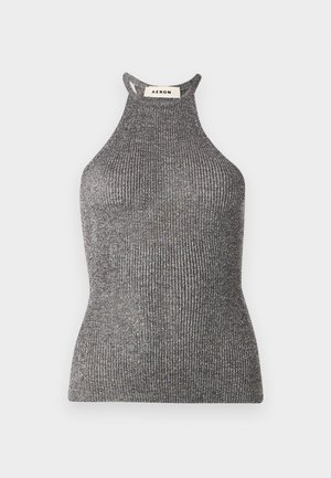 Top halter grigio realizzato in tessuto a costine, caratterizzato da una silhouette aderente e un collo alto con lati aperti. Etichetta del marchio visibile al collo.