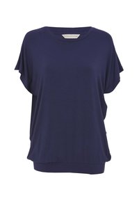 Marineblauwe, kortbegrip top met een relaxte pasvorm. Zachte stof met een gladde textuur en een ronde halslijn. Heeft een gebogen zoom.