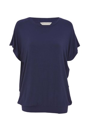 Granatowa, krótko rękawowa bluzka o luźnym kroju. Miękka tkanina o gładkiej fakturze i okrągłym dekolcie. Posiada zaokrąglony dół.