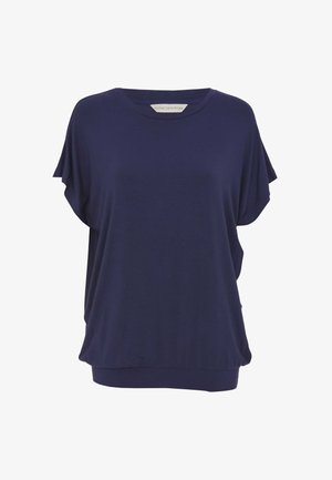 Granatowa, krótko rękawowa bluzka o luźnym kroju. Miękka tkanina o gładkiej fakturze i okrągłym dekolcie. Posiada zaokrąglony dół.