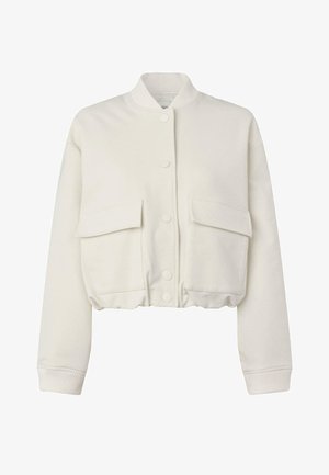 Forkortet hvid jakke lavet af blødt stof, med en ståkrave, trykknapper og to forlommer med ribkant og manchetter.