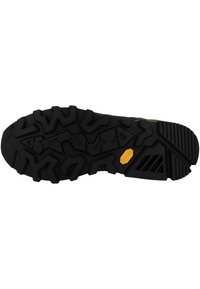 Suela de goma negra con tacos profundos para tracción, con un logo de Vibram amarillo y un patrón texturizado para estabilidad.