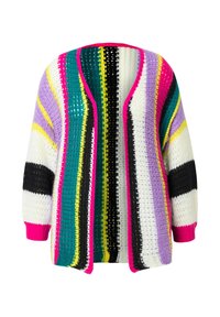 Multikleurige gebreide cardigan met verticale strepen in roze, groen, zwart, geel en paars. Open voorkant met losse mouwen.