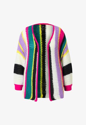 Multikleurige gebreide cardigan met verticale strepen in roze, groen, zwart, geel en paars. Open voorkant met losse mouwen.