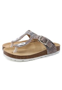 Sandales grises et blanches avec un design tongs, présentant un motif texturé, une boucle en métal réglable et une semelle en liège sur une semelle en caoutchouc blanche.