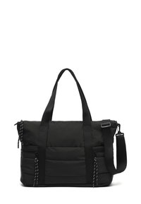 Čierna polstrovaná taška cez rameno s dvojitými hornými uchami a odnímateľným ramenným popruhom. Obsahuje predné zipsové vrecko a kontrastné šnúrky.