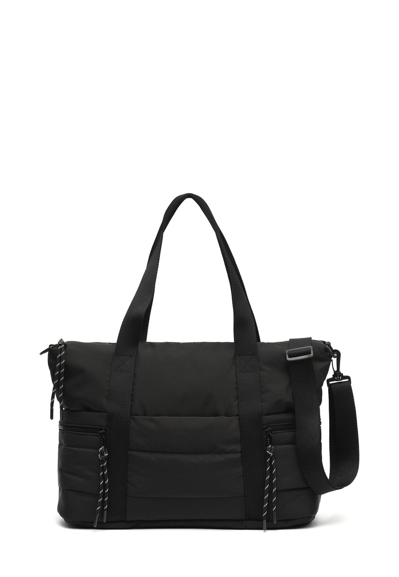 Čierna polstrovaná taška cez rameno s dvojitými hornými uchami a odnímateľným ramenným popruhom. Obsahuje predné zipsové vrecko a kontrastné šnúrky.