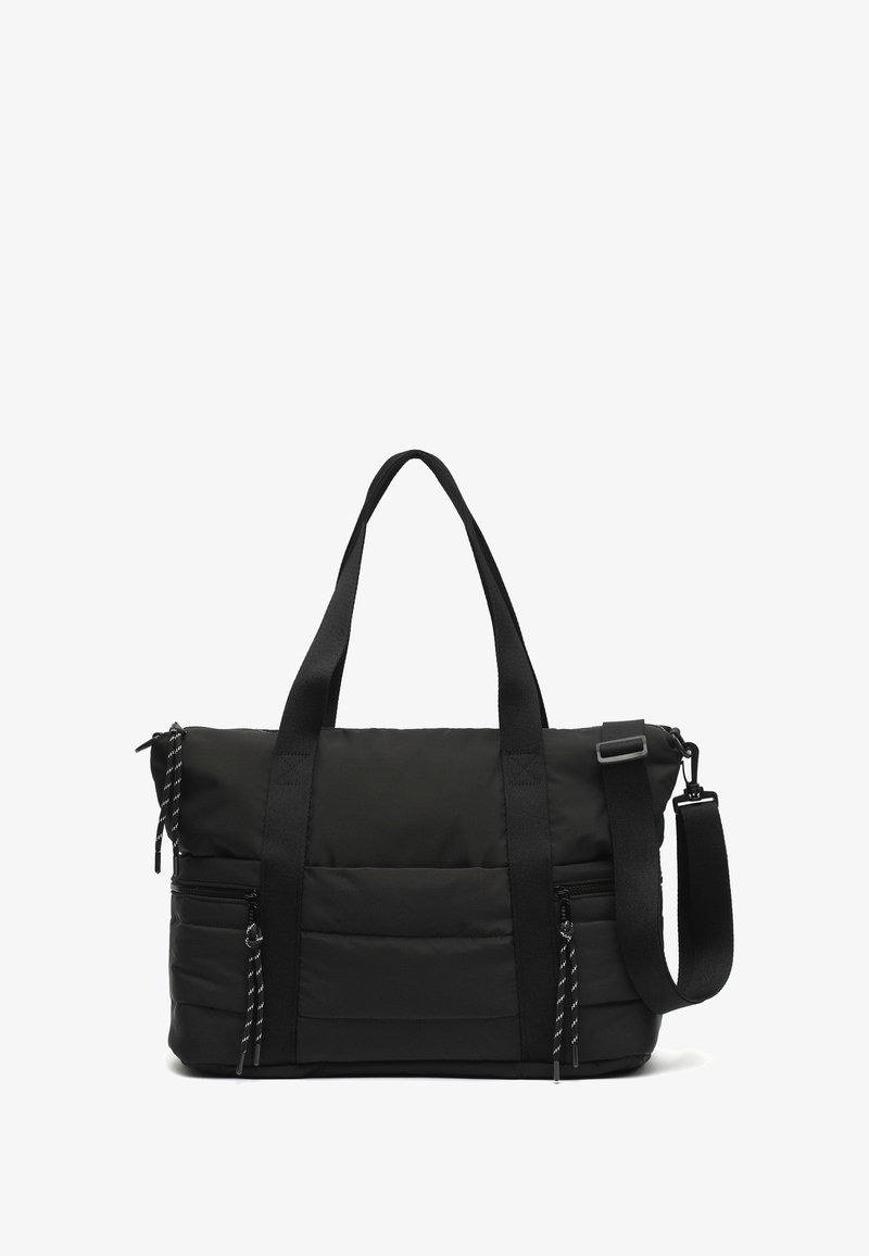 Čierna polstrovaná taška cez rameno s dvojitými hornými uchami a odnímateľným ramenným popruhom. Obsahuje predné zipsové vrecko a kontrastné šnúrky.