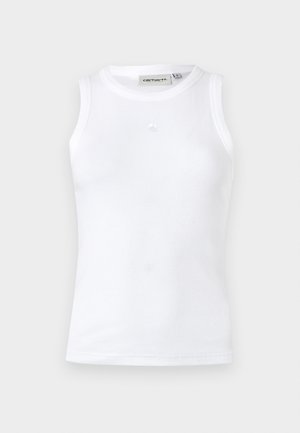 Valge ilma varrukateta T-särk, mis on valmistatud ribakangast. Omab ümmargust kaelust ja väikest logo ees keskel. Lihtne disain.