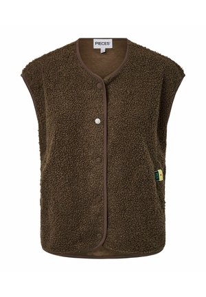 Veste sans manches marron en polaire avec boutons, col rond et petite étiquette colorée sur le côté.