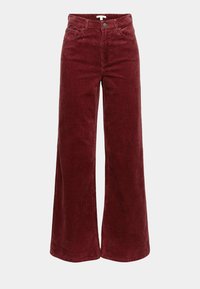 Pantalon large en velours côtelé bordeaux avec fermeture à bouton et zip à l'avant, passants pour ceinture, et style cinq poches.