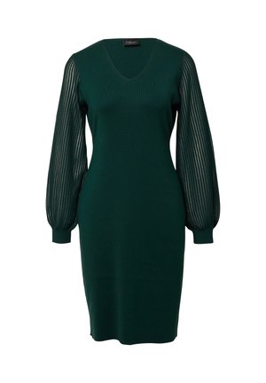 Grünes Strickkleid mit V-Ausschnitt, langen transparenten gestreiften Ballonärmeln und einer taillierten Silhouette. Mit gerippten Bündchen an den Ärmelsäumen.