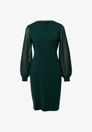 Groene gebreide jurk met een V-hals, lange doorzichtige gestreepte ballonmouwen en een getailleerde silhouette. Heeft ribbelmouwen aan de uiteinden van de mouwen.