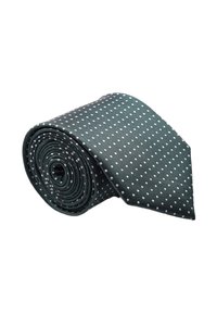 Cravatta verde scuro arrotolata, con superficie testurizzata e piccoli pois bianchi, punta appuntita e finitura liscia.