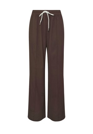 Braune weite Hosen aus einem weichen Stoff, mit einem elastischen Bund und einer weißen Kordel, sowie mit vorderen Falten, die einen eleganten Look erzeugen.