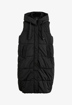 Fekete ujjatlan puffervest kapucnival, cipzáros záródással, két oldalsó zsebbel és steppelt textúrával az inszuláció érdekében.
