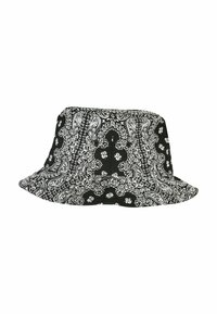 Black bucket hat with white paisley pattern, made from fabric, featuring a wide brim and a structured crown.
