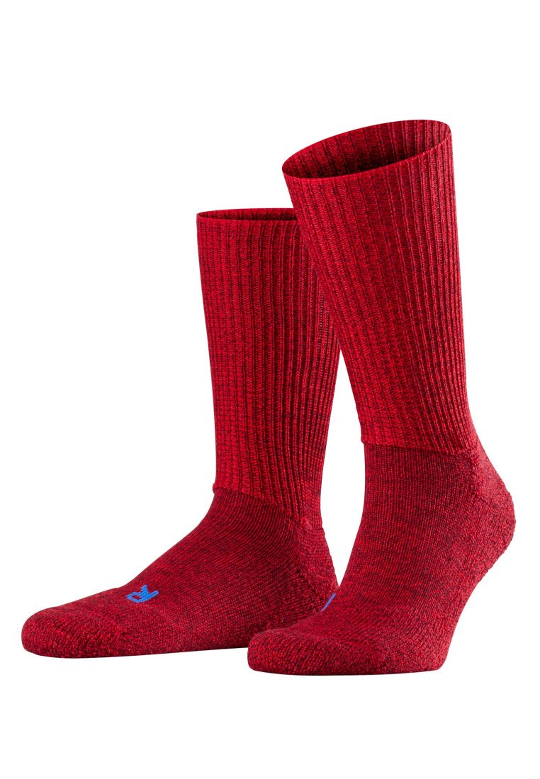 Red ribbed socks made of textured fabric, featuring a distinct blue logo on the toe area. Design includes a mid-calf height.