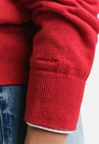 Roter Strickpullover mit gerippten Bündchen,Featuring einem kleinen eingeprägten Logo. Die Textur ist weich und glatt, kombiniert mit Jeans am Saum.