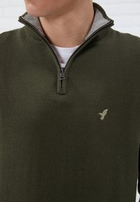 Pull olive avec col zippé, doté d'une doublure intérieure grise clair et d'un petit logo d'oiseau brodé sur la poitrine.