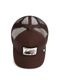Cappello da baseball marrone con retro in rete, caratterizzato da un'patch con un'illustrazione di un porcospino e la parola "PRICK" in testo nero.