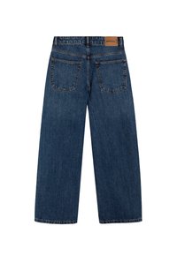 Jeans ampi in denim blu con vita alta, caratterizzati da due tasche posteriori e un'etichetta in pelle in vita. Tessuto testurizzato con taglio dritto.