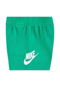 Pantalones cortos de algodón verde con una cintura elástica y un gran logo blanco de Nike en la parte frontal. Textura suave y diseño sencillo.