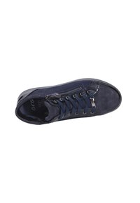 Baskets bleu foncé avec lacets et fermeture éclair sur le côté, tige en daim et mesh, bout arrondi et semelle profilée basse, vues de dessus.