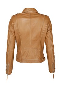 Braune Lederjacke mit einem figurbetonten Design, Reißverschlussakzenten an den Ärmeln und Nahtdetails auf der Rückseite für eine strukturierte Optik.