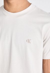 Világos bézs színű pamut póló, kereknyakú és rövid ujjú. Jellemzője egy kisebb hímzett "cK" logó, amely enyhén sötétebb árnyalatú.