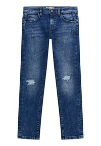Sinine denim pükste otse lõige, mis on kaunistatud kulunud plaastrite, õrnade kulumisjälgede, viie tasku disaini ja nööbiga sulgemisega.